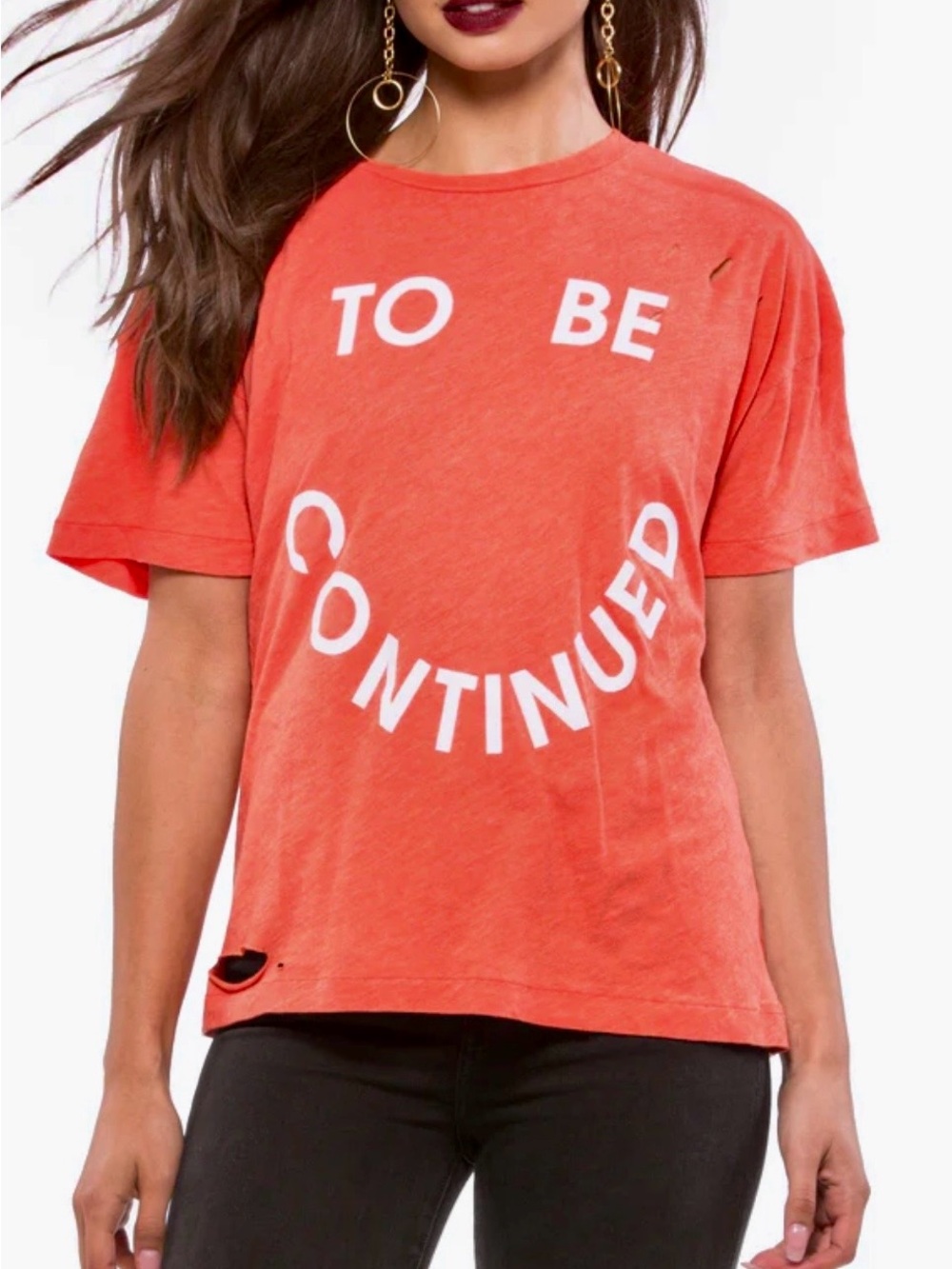 Wildfox To Be Continued Distressed Graphic Tee Neon Coral Oversized Medium